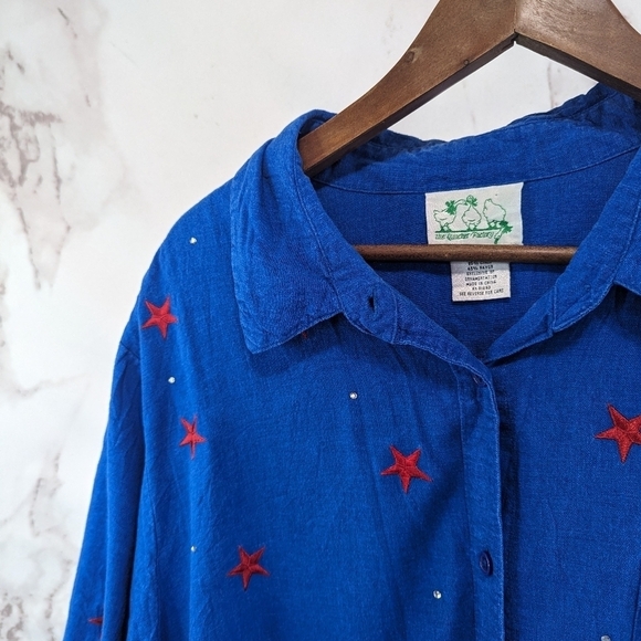Quacker Factory Shirt Women 1X Linen Button 4th July Star Flag Short Sleeve - Picture 2 of 13